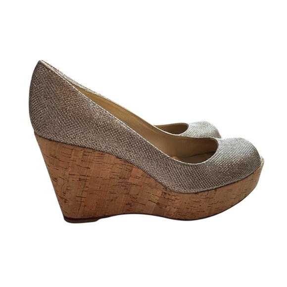 Stuart Weitzman Cork Wedge Peep Toe Glitter Heels 7.5 - Picture 8 of 13